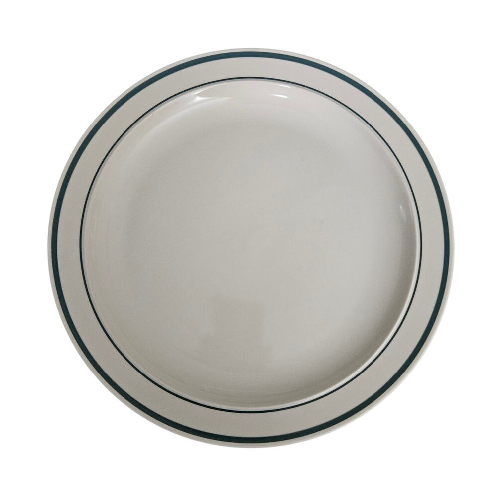 Stoneware White Dinner Plate Green Double Band Rim Made in China